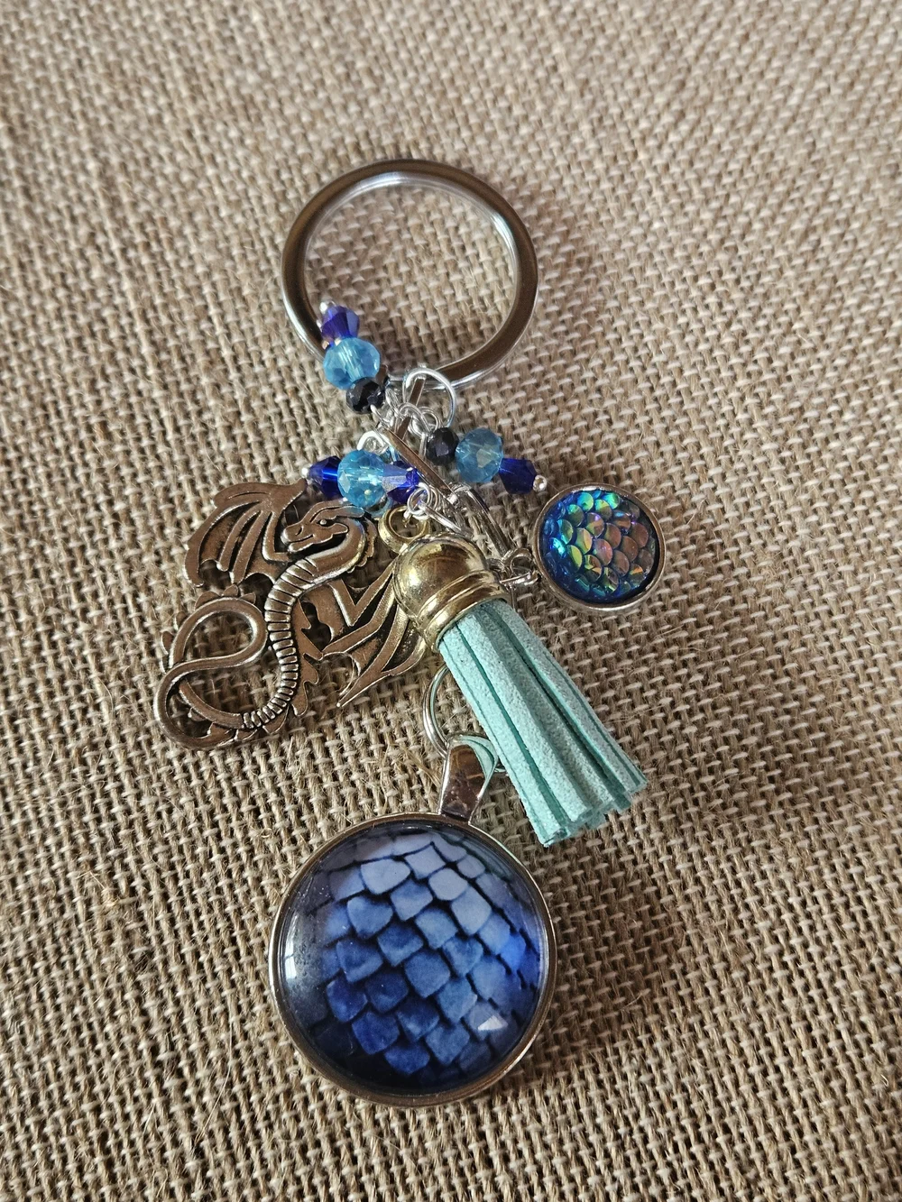 Blue Dragon Scale Keychain with Aqua Tassel